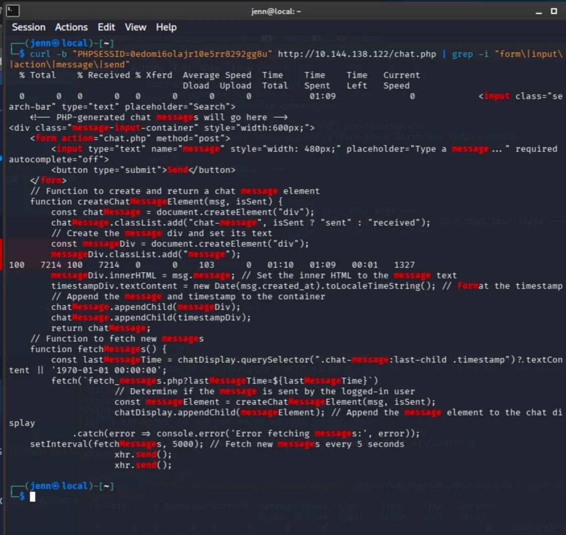 chat.php form analysis showing innerHTML rendering